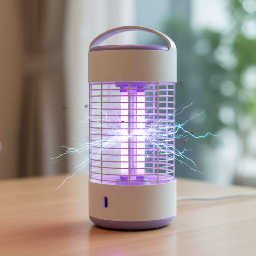 A modern electric mosquito killer lamp placed on a table, glowing with purple UV light. Several mosquitoes are flying around and getting attracted to the lamp, with electric sparks showing inside the grid. The design is sleek and minimal, with a white and violet color scheme, and a small handle on top. The background is softly blurred indoor or outdoor setting, realistic lighting, high resolution product photography style.