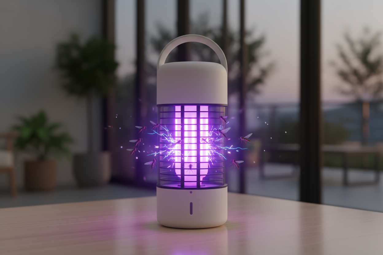 A modern electric mosquito killer lamp placed on a table, glowing with purple UV light. Several mosquitoes are flying around and getting attracted to the lamp, with electric sparks showing inside the grid. The design is sleek and minimal, with a white and violet color scheme, and a small handle on top. The background is softly blurred indoor or outdoor setting, realistic lighting, high resolution product photography style.